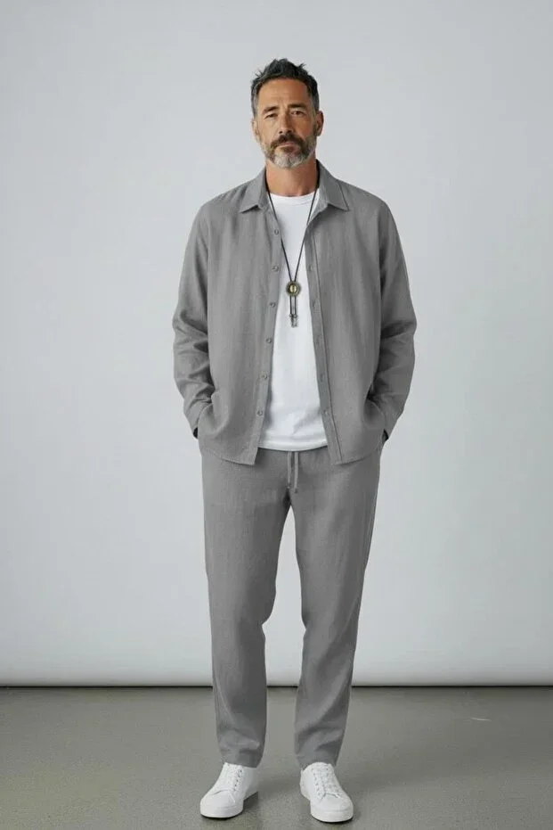 Men's Smoke Grey Long Sleeve Crinkled Shirt and Pants Tracksuit Set