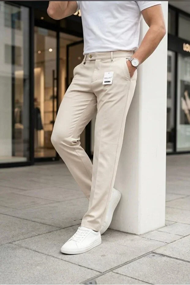 Men's Beige Slim Fit Stretch Side Pocket Ankle Length Plain Fabric Trousers