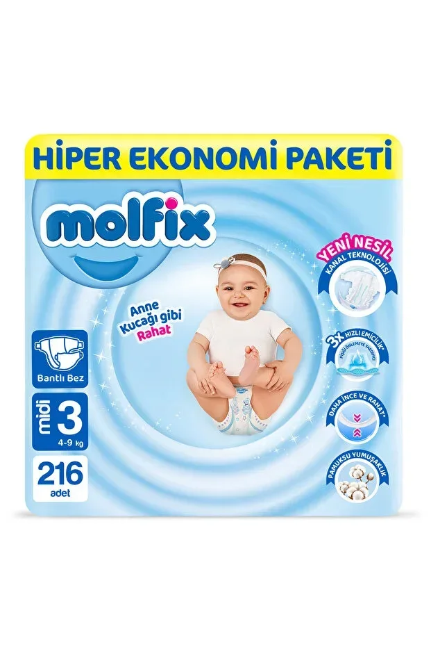 Baby Diaper Size 3 Midi Hyper Economy Pack 216 Pieces