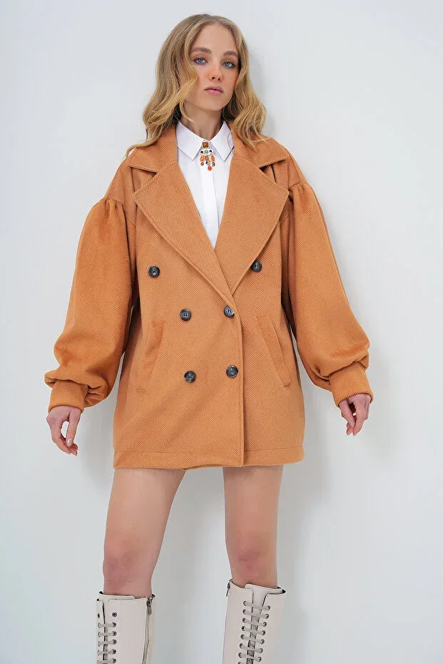 Trend Alaçatı Stili Taba Shawl Collar Balloon Sleeve Coat ALC-X10913