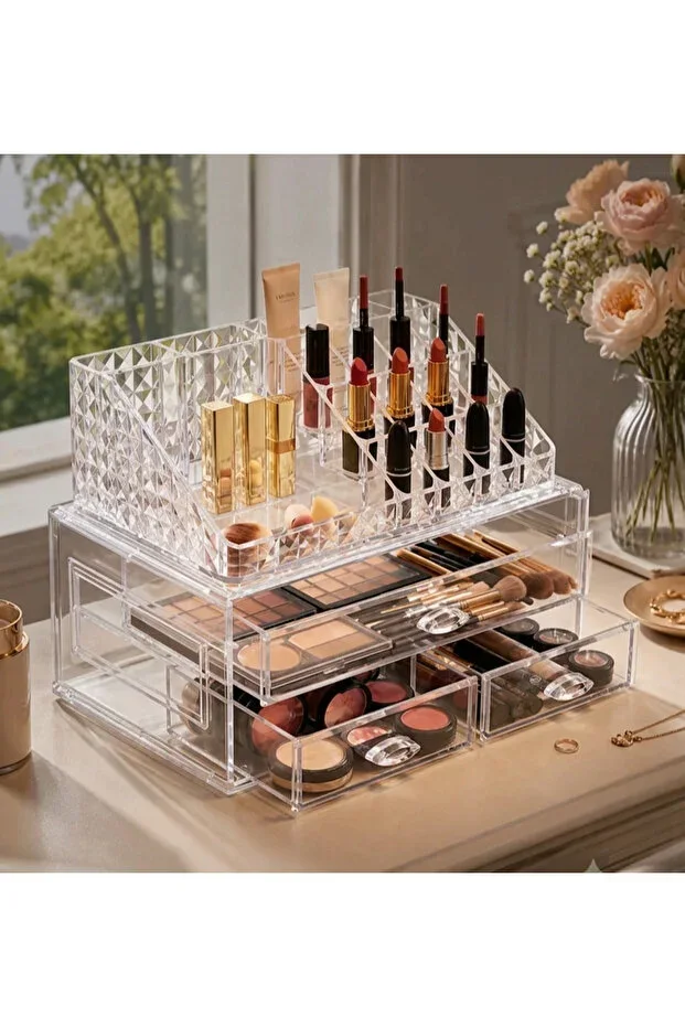 MAKEUP ORGANIZER COMPLEX; 16 Compartment Acrylic, Stylish and Useful Drawer Lipstick Holder Box