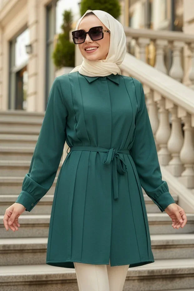N.S NEVA STYLE Buttoned Emerald Green Modest Tunic 20273ZY