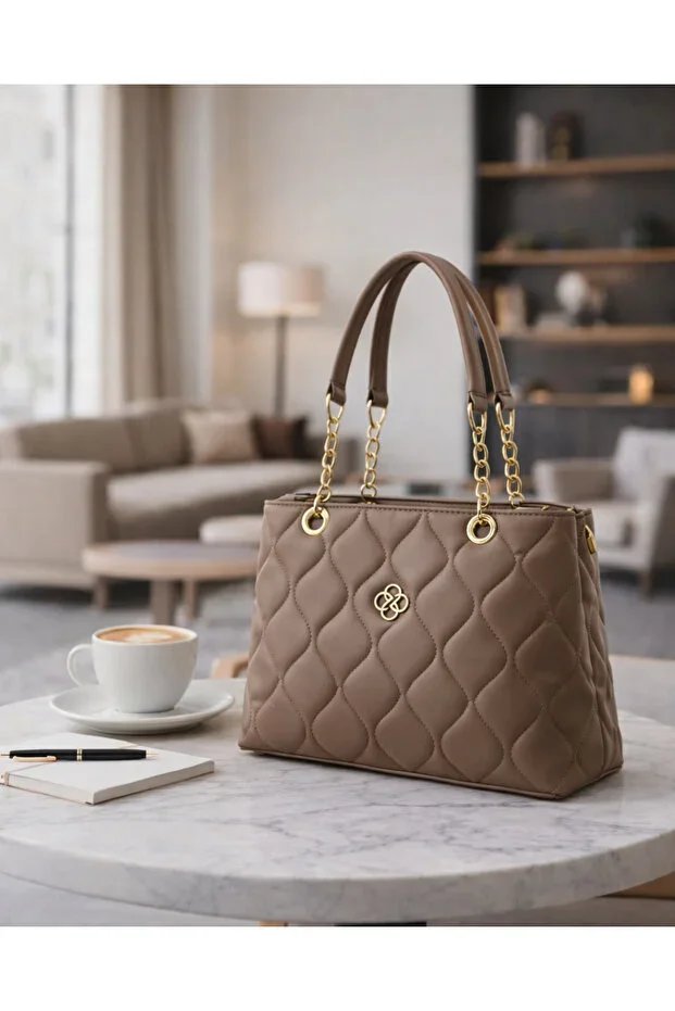 Women's Mink Quilted Leather Shoulder Bag – Handbag, Arm Bag, ROSE with Chain Detail