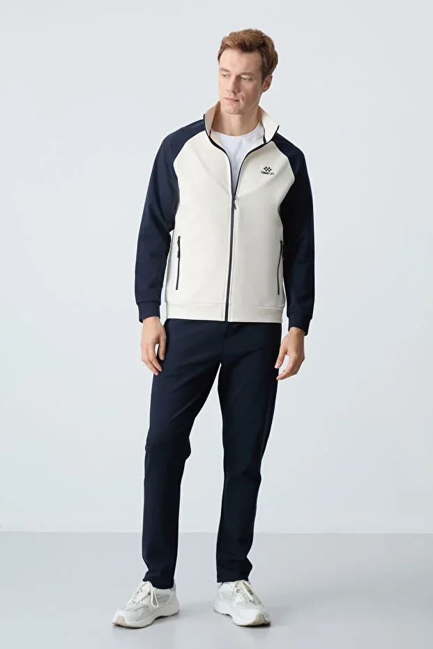 Beige Navy Blue Stand-Up Collar Two-Tone Relaxed Fit Classic Leg Men's Tracksuit Set - 85113