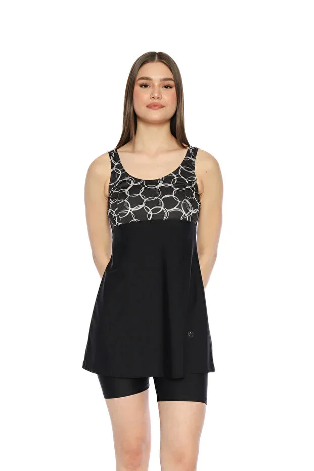 Women's Patterned Semi-Closed Swimsuit with Tights Short Modest Swimwear Set for Sea and Pool
