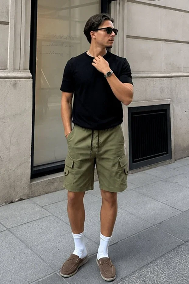 Khaki Cargo Pocket Men's Capri Shorts 5737