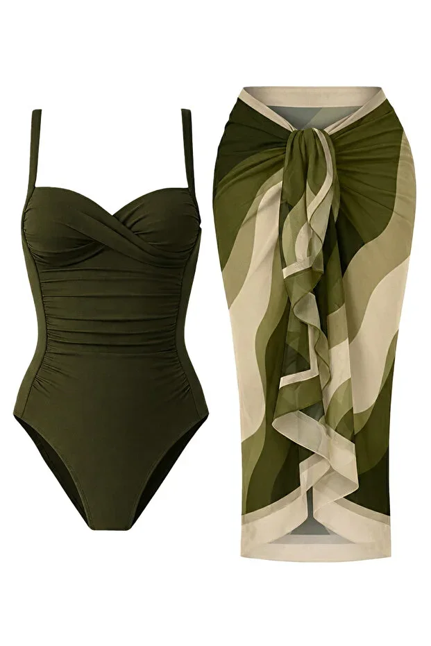 Women's Shaping Draped Swimsuit Khaki Swimsuit Green Wave Patterned Pareo 2-Piece Set Stylish and Slimming Effective