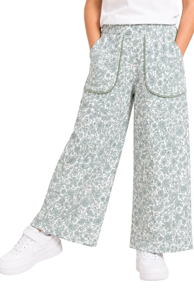 Girls Green Floral Print Trousers Colorful Piping Thin Fabric Comfortable Summer Children's Trousers