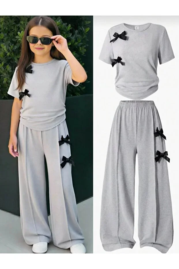 Çimalı Children's Grey Summer Ribbon Detailed Top-Bottom Set Cotton