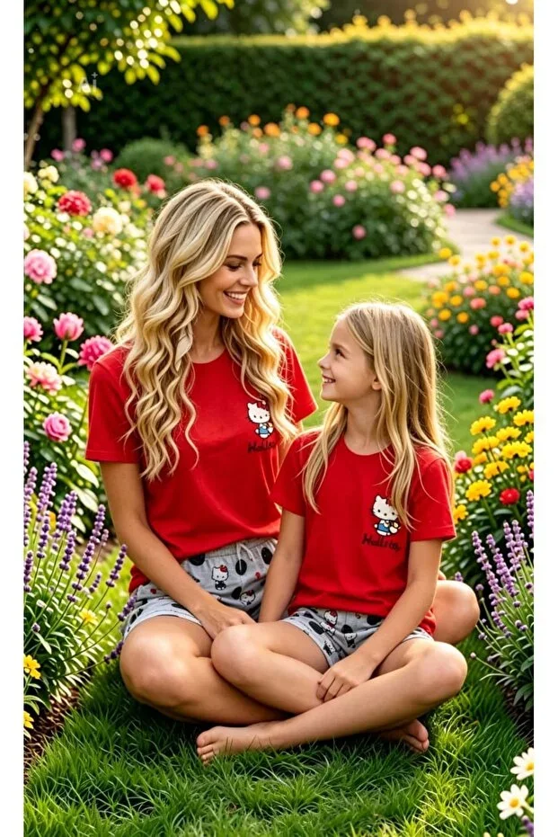 Hello Kitty Licensed Mother & Daughter Combo Pajama Set Red & Grey Color Shorts Round Neck 100% Cotton Jersey (SOLD SEPARATELY)