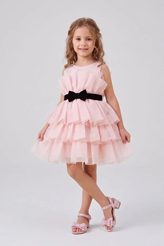 Powder Bow Detailed Layered Girl Dress - Laney