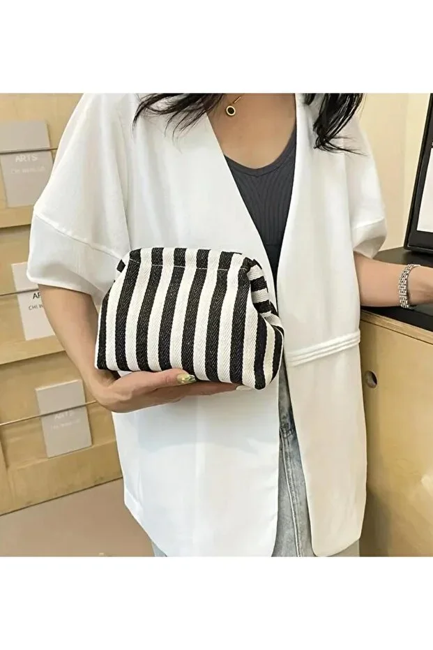 Black White Striped Handbag - Clutch