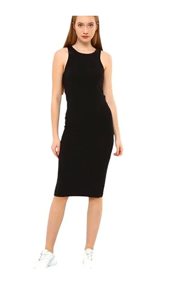BUĞLEM HOME Black Crew Neck Midi Ribbed Pencil Dress (113CM)