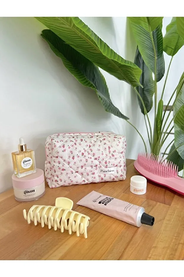 Pink Crispy Floral Makeup Bag Large Size