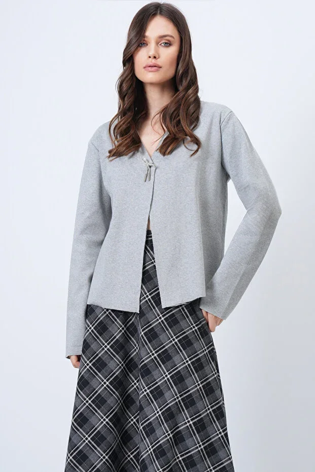 Women's Grey Melange V-Neck Cardigan with Brooch Detail ALC-X14717