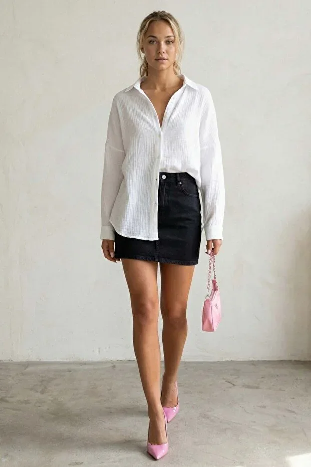 Madmext White Muslin Fabric Basic Women's Shirt Mg1660
