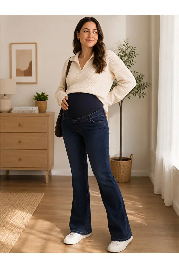 MEGHAN L.A. Maternity Bell Bottom Jeans with Belly Band %98 Cotton %2 Lycra