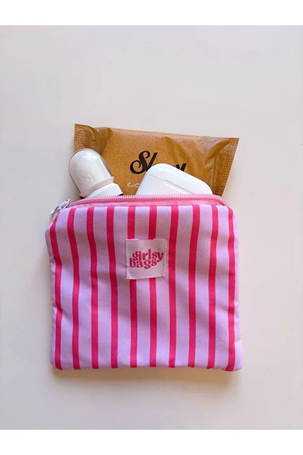 Pink Striped Mini Coin Purse, Waterproof Pad Bag, Mini Makeup Bag