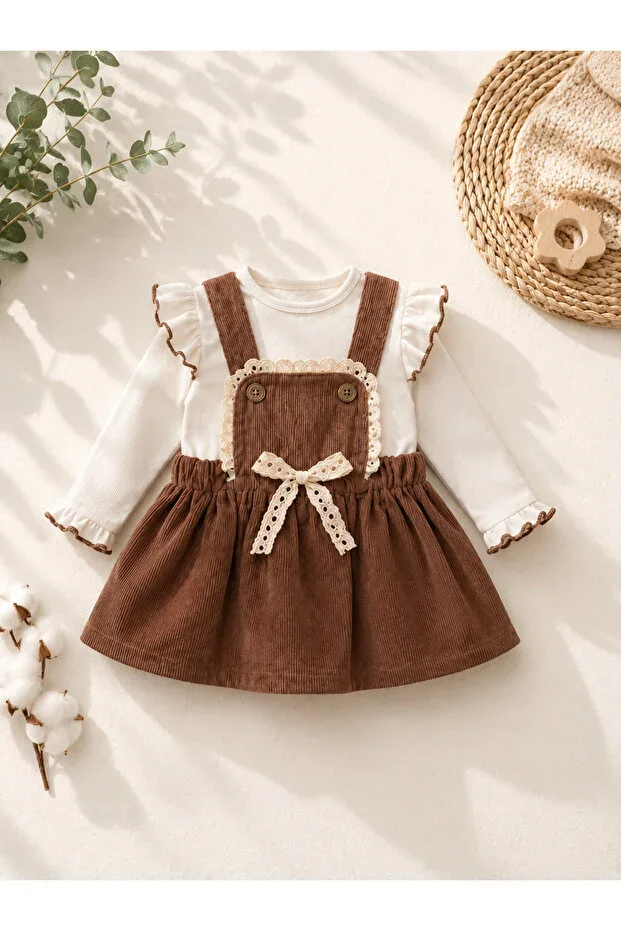 Baby Girl Velvet Overalls Dress Set Lace Detailed 2-Piece Set for Bayram