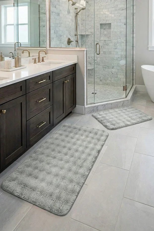 Yuma 2-Piece Plush Bubble Bath Mat Set 60x100+50x60 cm Non-Slip Base, Soft, Washable