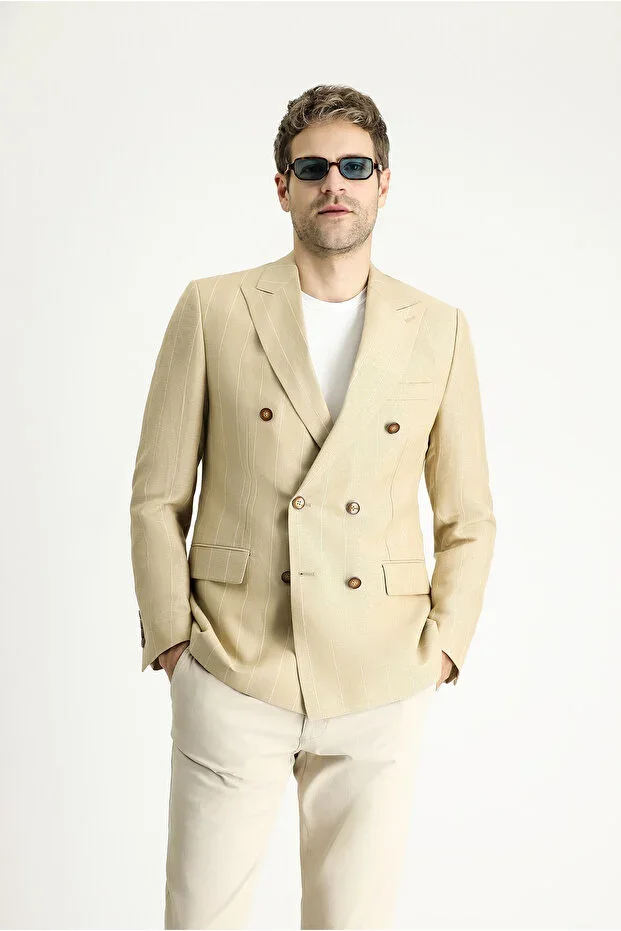 6 Drop Regular Fit Standard Cut Double-Breasted Striped Linen Blend Jacket