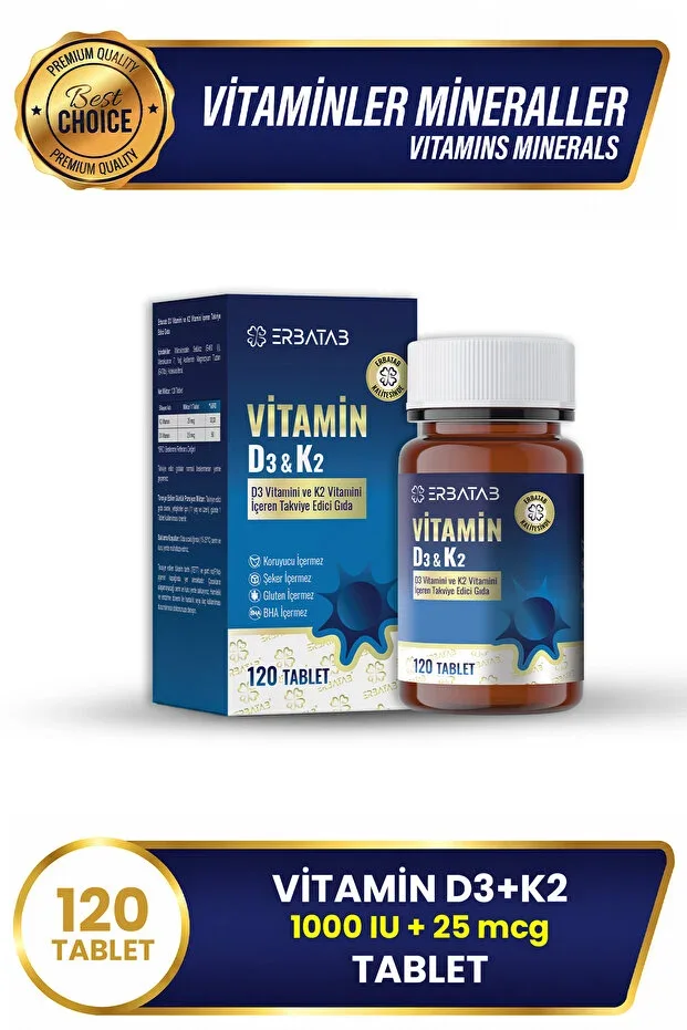 D3K2 120 Tablets Containing 1000 IU D3 and 25 Mcg K2 Food Supplement