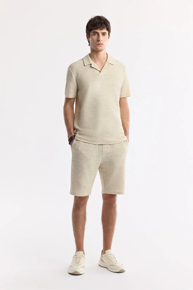 Men's Beige Elastic Waist Lace-Up Linen Blend Knit Regular Fit Shorts A51Y3601