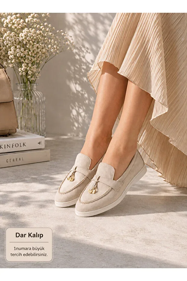 Women's Beige Suede Loafer Shoes with Buckle Detail Casual Comfortable Chic Ballet Flats