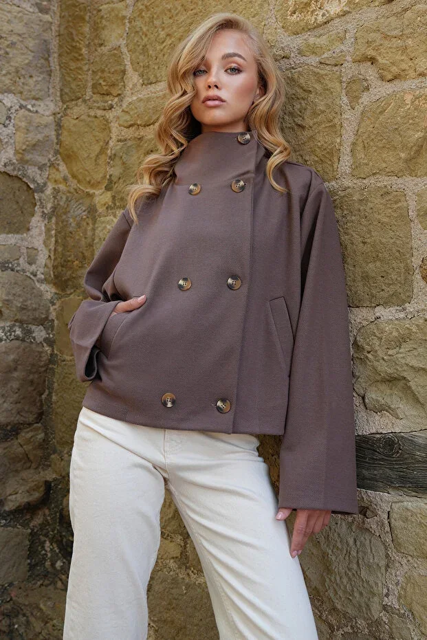 Women's Brown Stand-Up Collar Double-Breasted Closure Double Pocket Wool Coat ALC-X14572