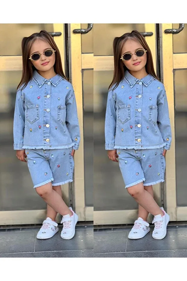 New Season Lycra Cotton Summer Embroidered Flower Denim Shorts and Jacket 2-Piece Set