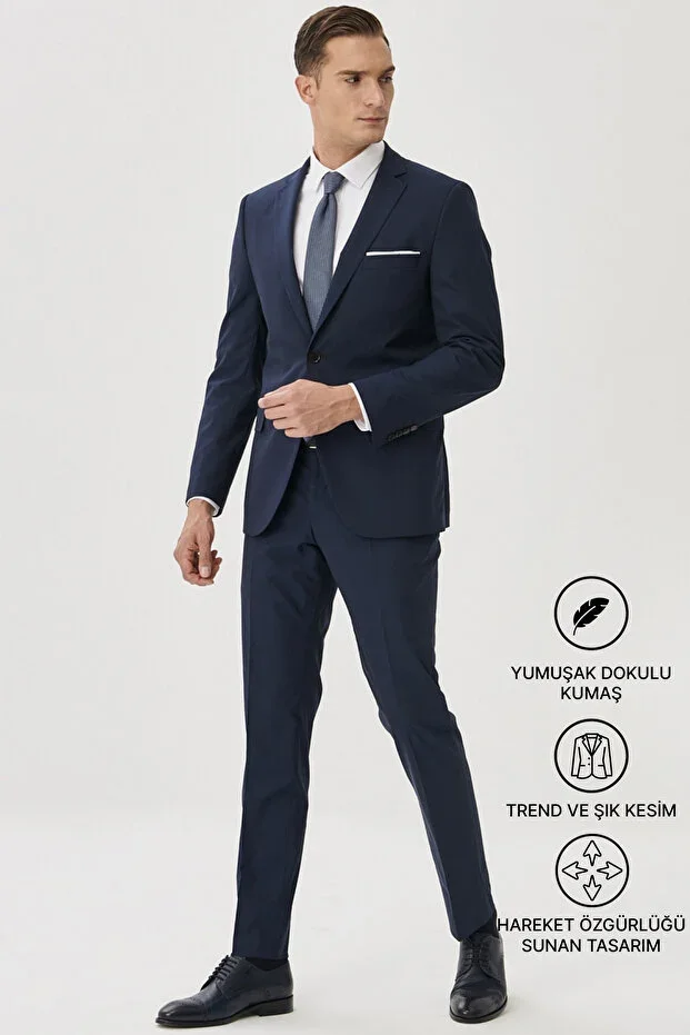 Men's Navy Blue Slim Fit Narrow Cut Mono Collar Suit