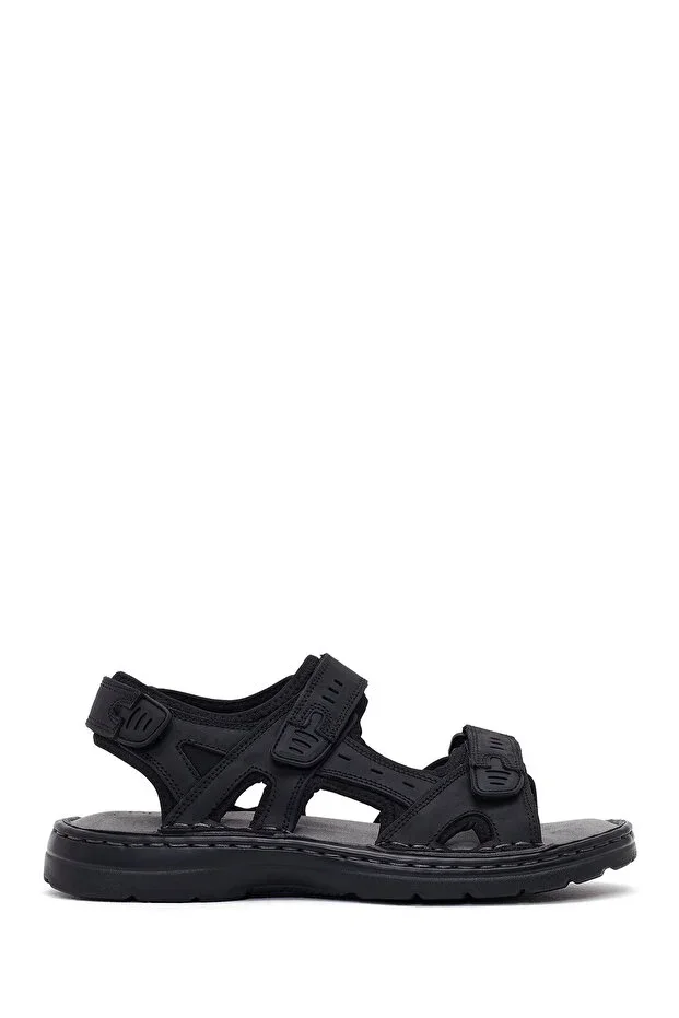 Men's Black Double Strap Leather Sandal 26SFD694118