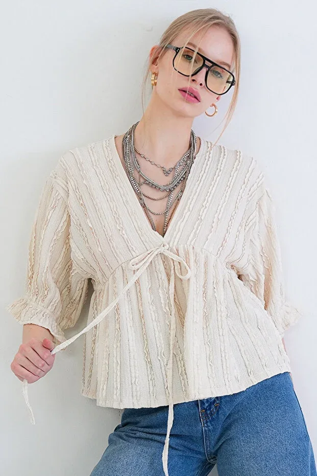 Ecru V-Neck 3/4 Sleeve Elasticated Ruffle Fabric Blouse ALC-X15414