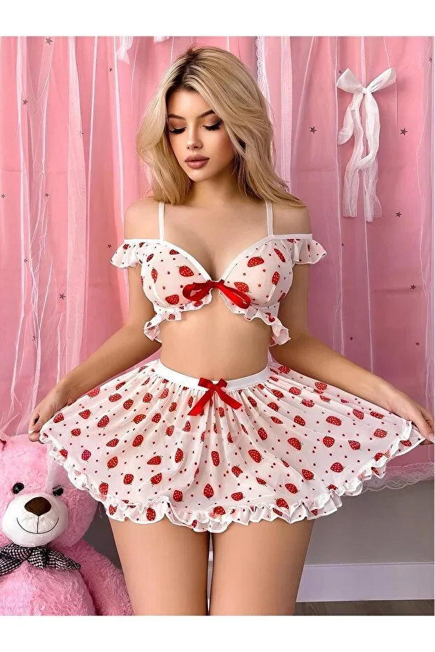 3 Piece Pure White Strawberry Print Cami Thong and Nightgown
