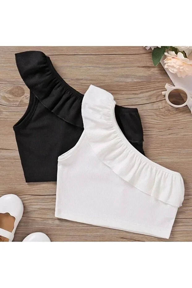 Girl's 2-Piece Ruffled One-Shoulder Crop Set - Girl's One-Shoulder Ruffled Ribbed Crop Top Bodysuit Blouse