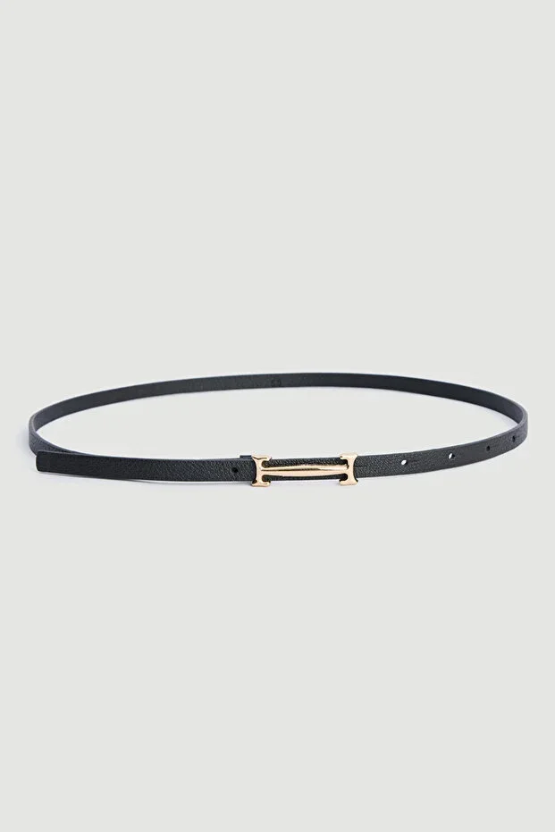 Thin Faux Leather Belt with Lock Buckle - Black
