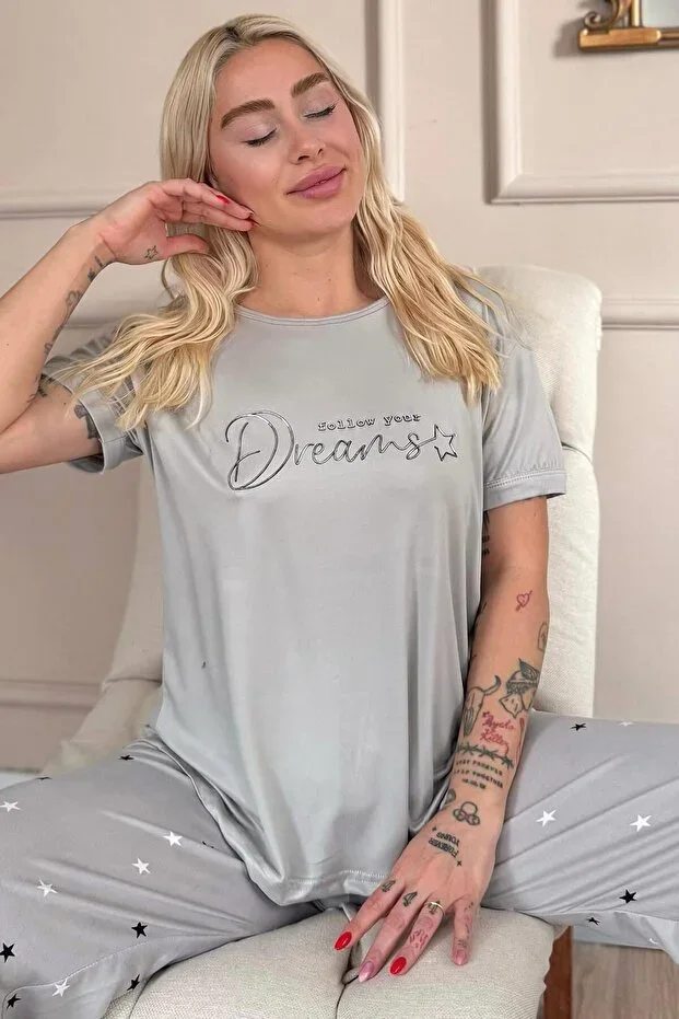 Grey Dreams Patterned Bamboo Short Sleeve Women's Pajama Set