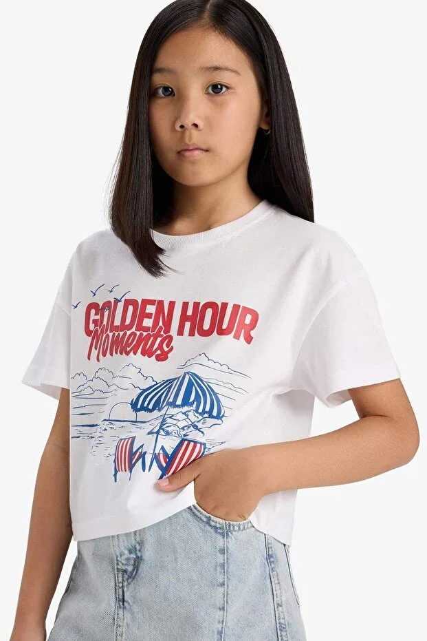 100% Cotton Boxy Fit Crew Neck Printed Short Sleeve T-Shirt Girls E0391A825SM