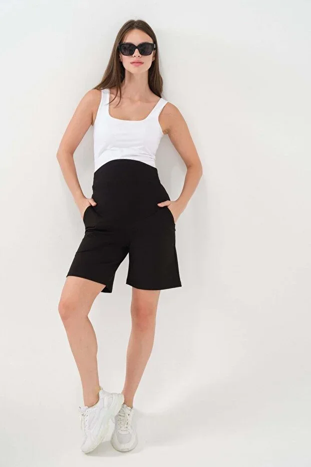 Pregnancy Elastic Waistband Adjustable Waist Two-Thread Combed Shorts BLACK