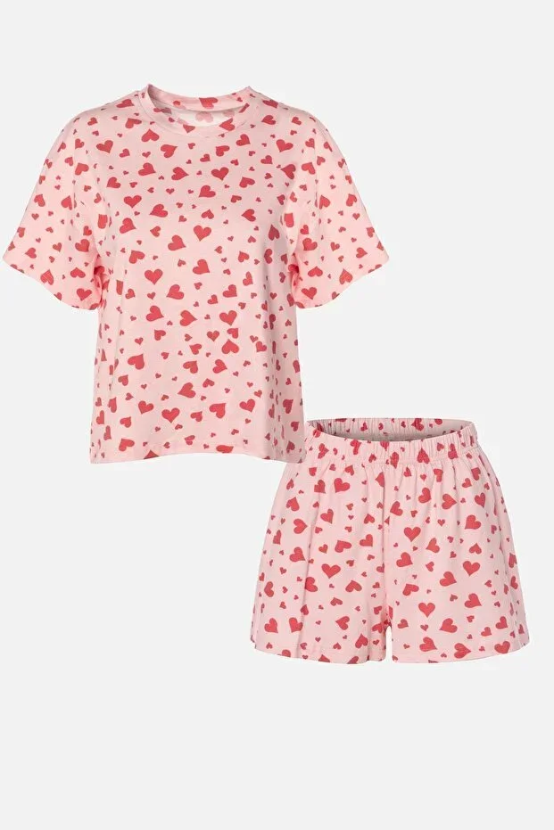 Women's Red Heart Short Sleeve Cotton Pajama Set with Shorts