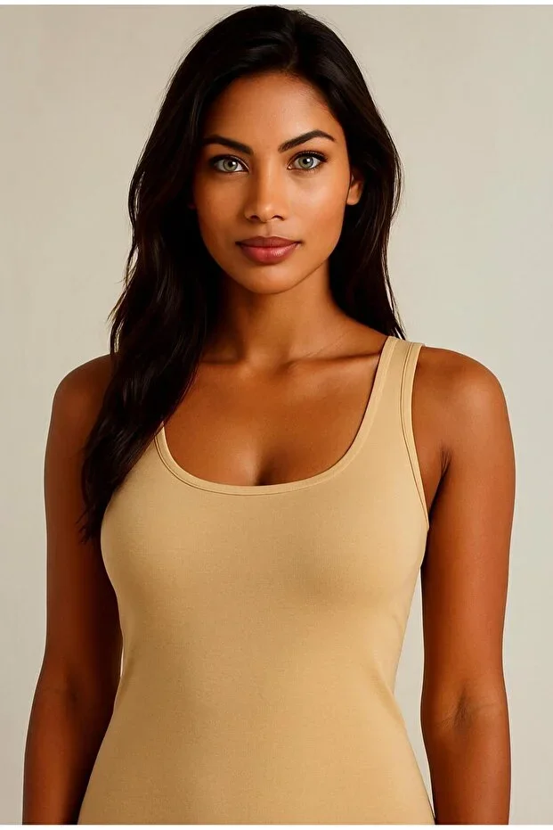 Cream Color Women's 100% Cotton Ribana Wide Strap Women's Tank Top Ceylanoğlu
