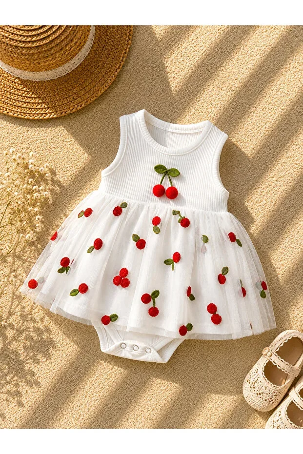 Baby Girl Tulle Dress Cherry Patterned Summer Wedding Birthday Dress 3-6 / 9-12 / 12-18 Months