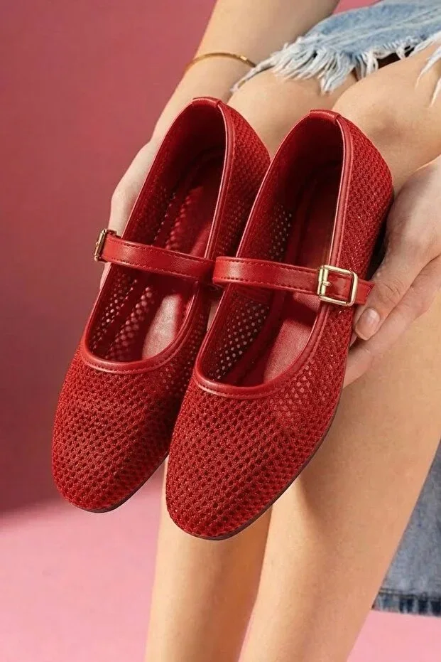 Avila Red Knitted Mesh Gold Buckle Belt Band Babet