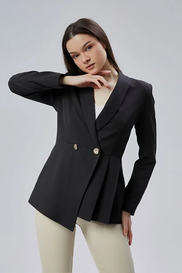 Black Regular Fit Pleated Detail Blazer Jacket