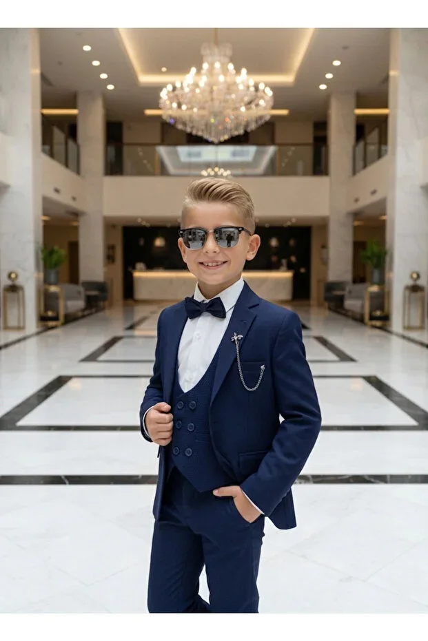 Kids Suit Jacket Vest Trousers Shirt Set Navy Blue?