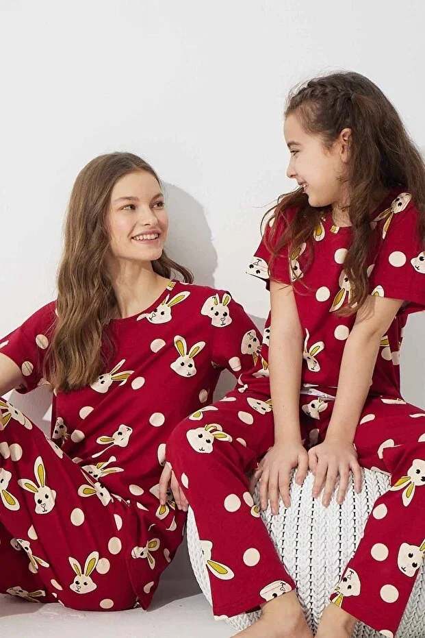 Burgundy Rabbit Patterned Cotton Knit Pajama Set