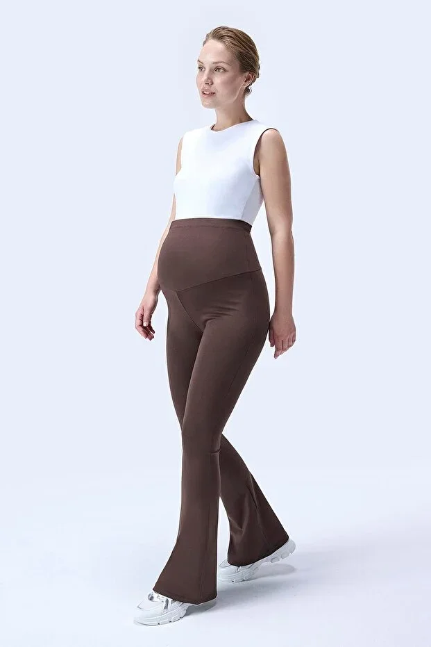 436 Brown Color Shaping and Extra Flexible Effect High Waist Flare Leg Maternity Leggings