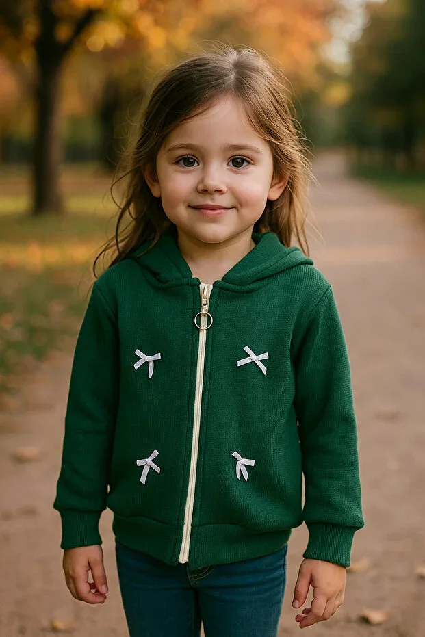 Girls Hooded Zip-Up Sweatshirt I Bow Detail Soft I School, Kindergarten I