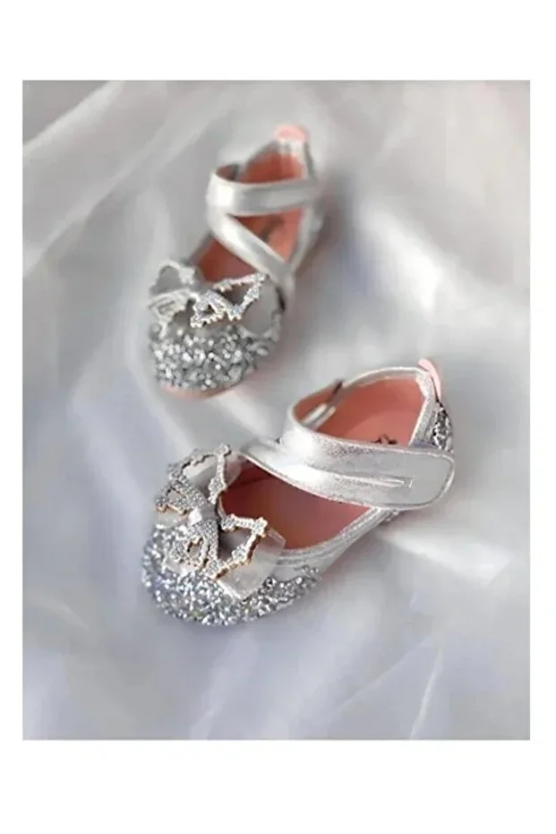 Girls' Stone and Bow Detailed Glittery Ballet Flats