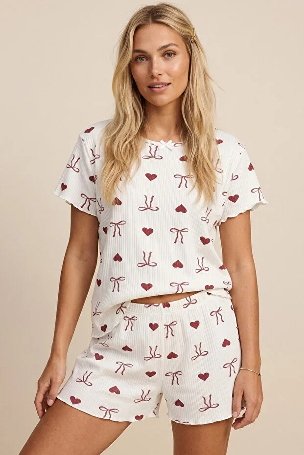 Ecru Burgundy Bow Patterned Round Neck Soft Touch Summer Ribbed Cotton Knit Shorts Pajama Set 7998